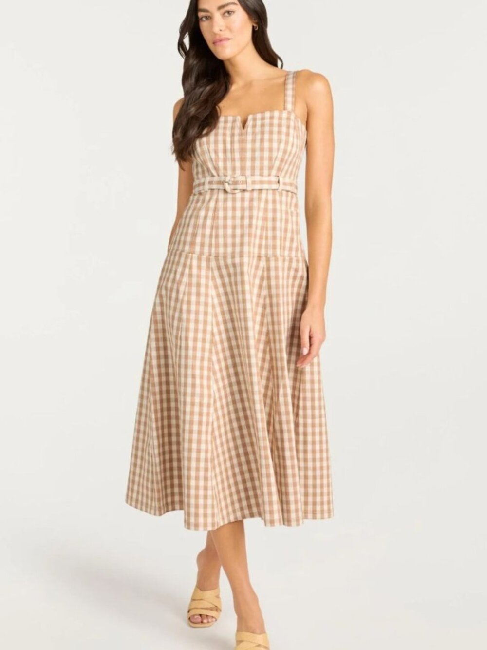 Cinq à Sept Tina Gingham Belted Denim Cotton Dress 8 in Light Plaster NEW $445